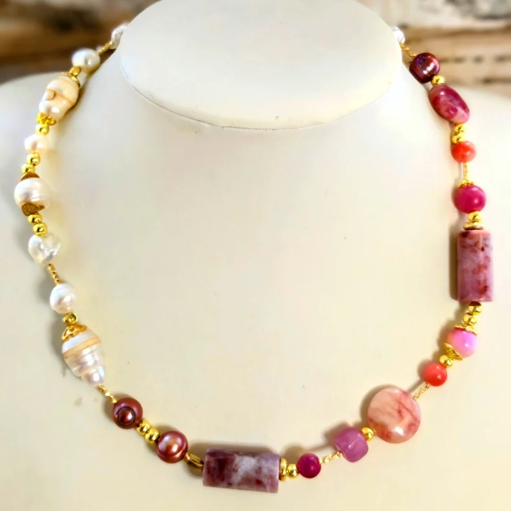 Natural Cherry Red Jade & White Baroque Pearls In Assymetrical Freeform Necklace